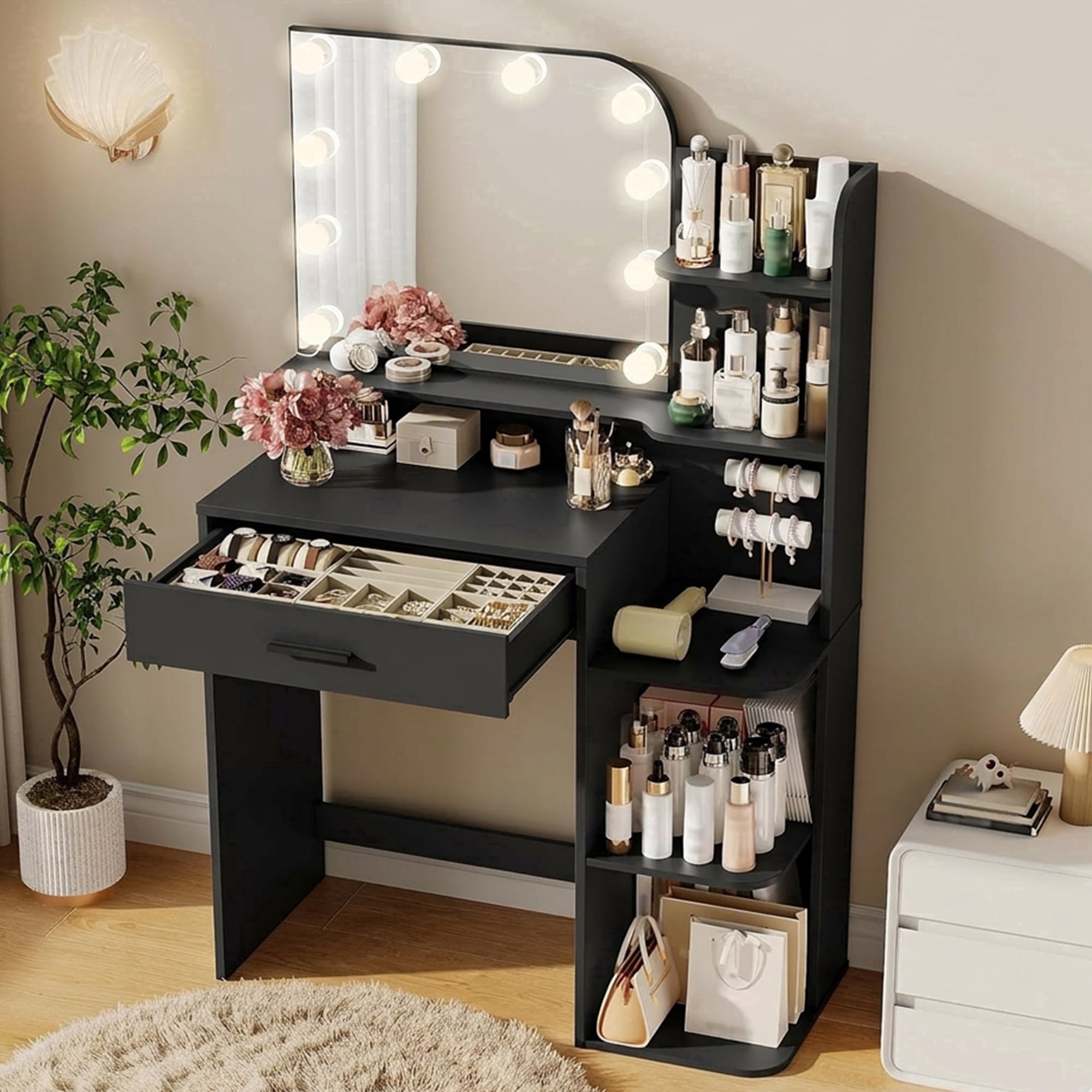 32" Makeup Vanity Desk with Mirror and Lights, 3 Lighting Colors, 5 Storage Shelves & Large Drawer, Black Vanity Set for Bedroom, Girls and Women