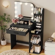 32" Makeup Vanity Desk with Mirror and Lights, 3 Lighting Colors, 5 Storage Shelves & Large Drawer, Black Vanity Set for Bedroom, Girls and Women