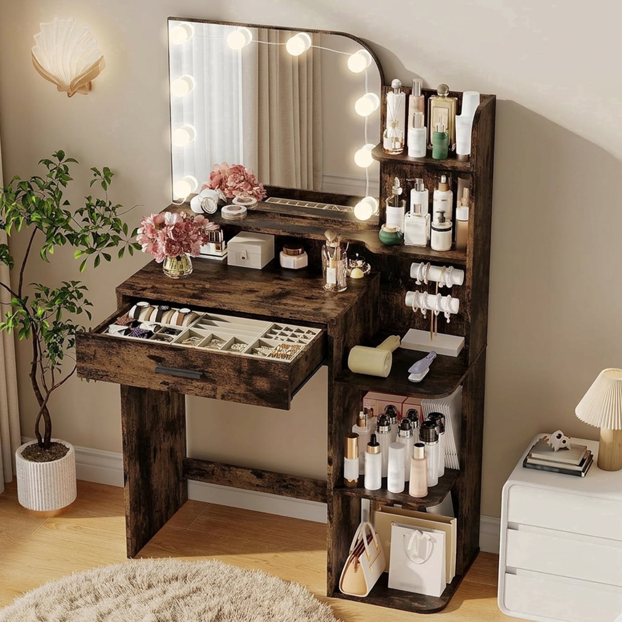 32" Makeup Vanity Desk with Mirror and Lights, 3 Lighting Colors, 5 Storage Shelves & Large Drawer, Brown Vanity Set for Bedroom, Girls and Women