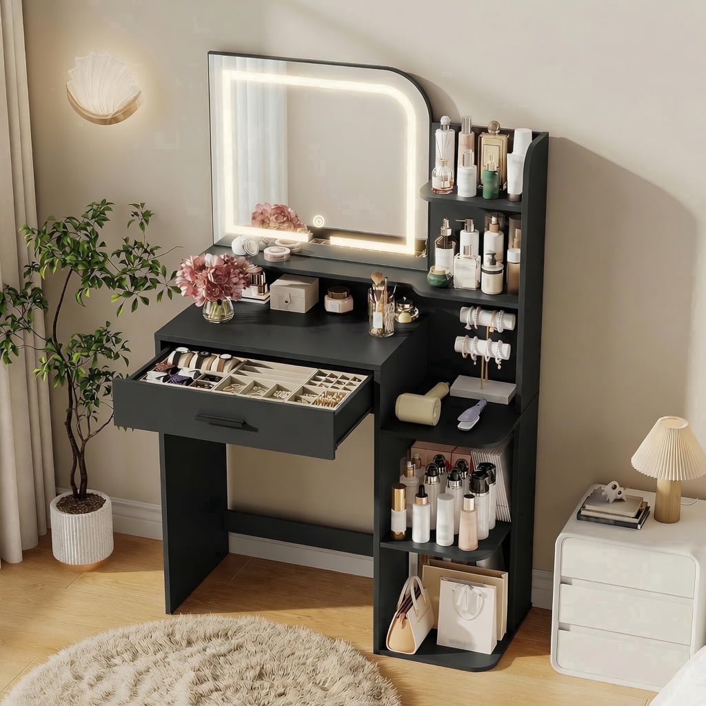 32" Makeup Vanity Desk with Mirror and Lights, 3 Lighting Colors, 5 Storage Shelves & Large Drawer, Pink Vanity Set for Bedroom, Girls and Women