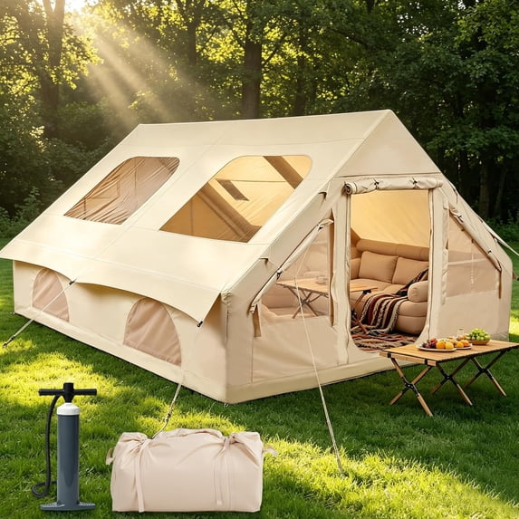 NEORIVER Inflatable Camping Tent with Skylight & Stove Jack – 420D Oxford Waterproof, Easy Setup Blow Up Tent with Pump, Storage Bag, Glamping Air Cabin for 8-10 Adults