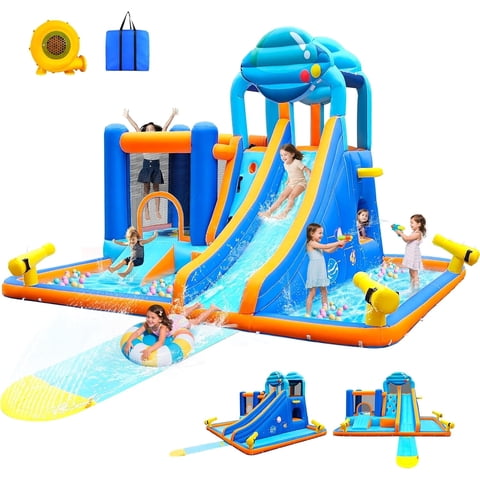 NEORIVER Inflatable Water Slide for Kids, 2 Min Blow Up 10 in 1 Giant Water Park for Backyard Outdoor with Large Slide, Pool, Tunnel, Bounce House, Basketball Hoop, Climbing Wall, Air Blower Included