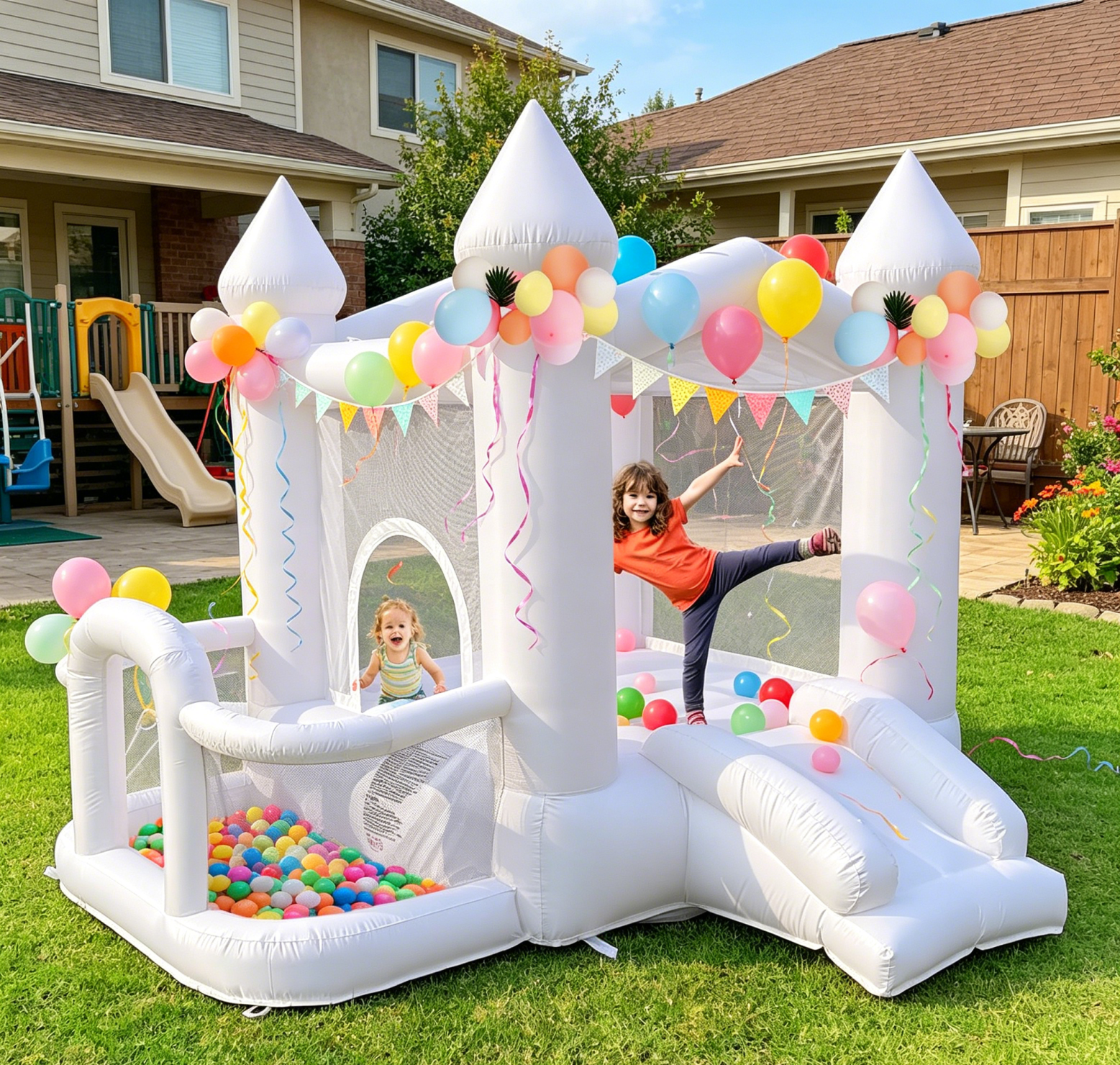 NEORIVER 9FT Inflatable Bounce House Castle Style White with Slide ...