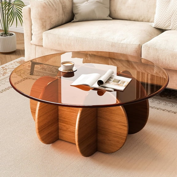 NEORIVER Round Glass Coffee Table,31.5" Modern Coffee Table with Glass Top and Wood Base,Unique Circle Center Table for Living Room, Small Space Coffee Table for Apartment & Office