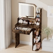 26.4 Small Vanity Desk with Mirror and Lights, NEORIVER Makeup Vanity Set for Girls with Adapter, 3 Color Adjustable Lighting, Compact Beauty Table for Bedroom