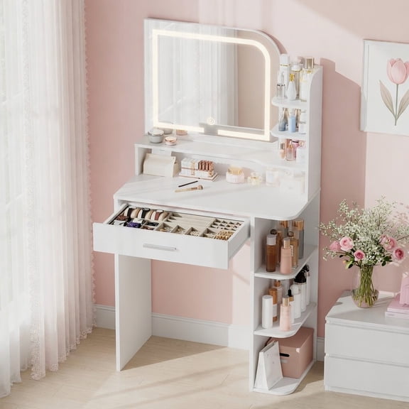26.4" Small Vanity Desk with Mirror and Lights, NEORIVER Makeup Vanity Set for Girls with Adapter, 3 Color Adjustable Lighting, Compact Beauty Table for Bedroom