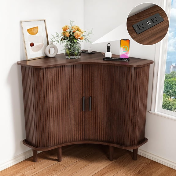 NEORIVER Wood Fluted Corner Cabinet with Built-in Outlets, Triangle Storage Unit with 2 Sliding Doors & Shelf, Space-Saving Sideboard for Living Room, Dining Room