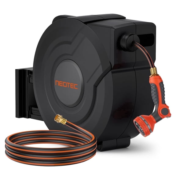 NEOTEC Retractable Garden Hose Reel 1/2 inch x 130ft - Wall Mounted Heavy Duty Hose Reel with 3/4 Inch Brass Fittings & 9-Pattern Nozzle - Auto Rewind System, Any Length Lock, 180° Swivel Bracket