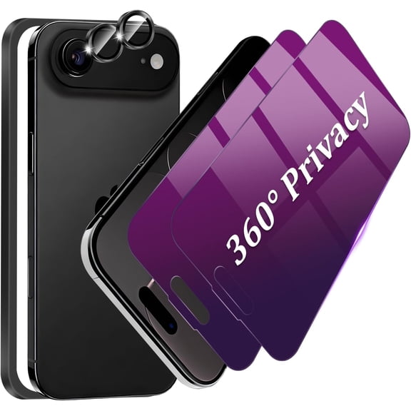 NEOYFC for 2+2Pack for iPhone Air 360 Degree Purple Privacy Screen Protector with Camera Protector, 4-Way Anti-Spy Tempered Glass Film with Metal HD Lens Protector, Anti-Scratch Easy Installation