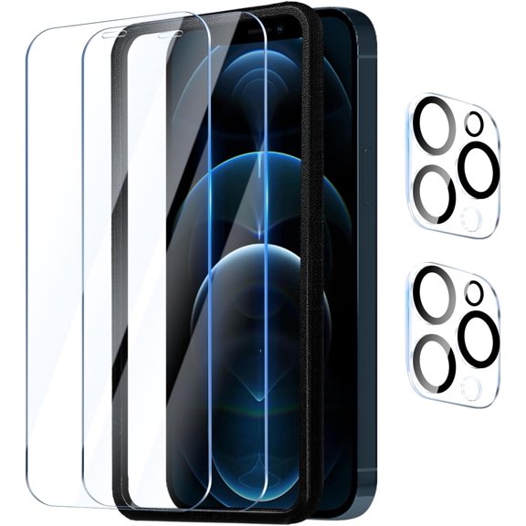 NEOYFC for 2 Pack Screen Protector for iPhone 12 Pro Max 6.7 inch with 2 Pack Camera Lens Protector, Tempered Glass Film with Installation Frame, Anti Scratch, 9H Hardness, HD Clear, Case Friendly
