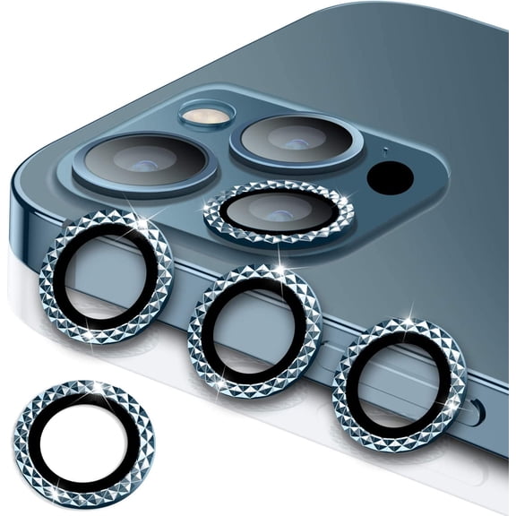 NEOYFC for [3+1] for iPhone 12 Pro Max Camera Lens Protector,[Diamond Series] Luxury Aluminum Alloy Metal Frame Lens Cover [Strong Adhere] Screen Protection Case - Diamond Pacific Blue