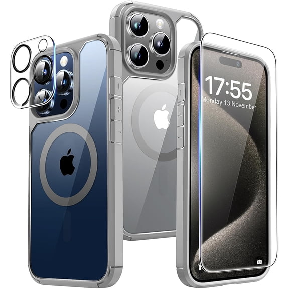 NEOYFC for  5 in 1 Magnetic for iPhone 15 Pro Case, [Designed for Magsafe] with 2X Screen Protector + 2X Camera Lens Protector, [Military Grade Drop Protection] Case for iPhone 15 Pro - Grey