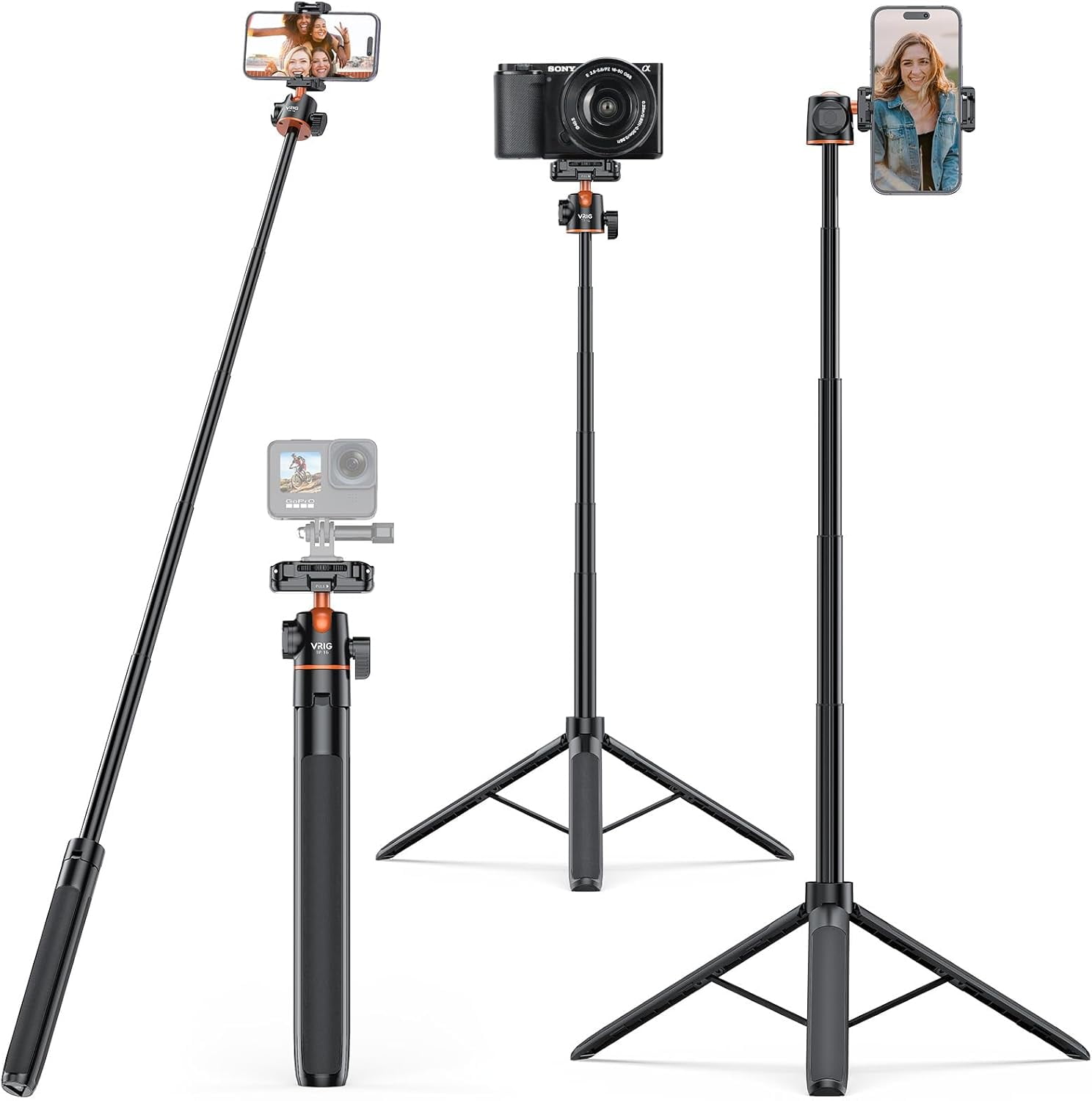 NEOYFC  55" Selfie Stick Tripod with Hidden Phone Holder, TP-16 Extendable Camera Stand with 360° Ball Head & Rotatable Cold Shoe, for iPhone, Mirrorless Camera, Action Cameras
