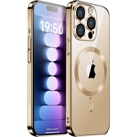 NEOYFC for Case for iPhone 15/15 Pro/15 Plus/15 Pro Max, [Compatible with MagSafe] [Full Camera Lens Protection] Plating Frame Slim Clear Military Grade Shockproof Anti-Scratch Case,Gold,15 Pro Max