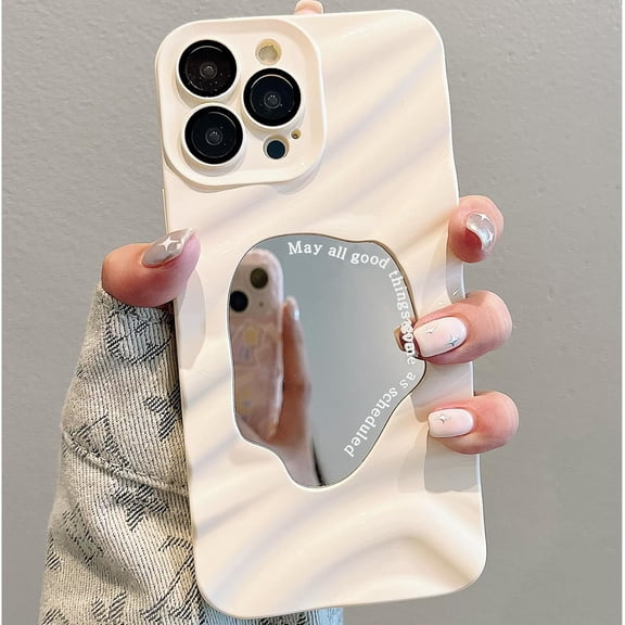 NEOYFC for Case for iPhone Xs Max, Built-in Make up Mirror, Water Ripple Pattern, Fashion Luxury Plating, for Women and Girls, Soft Flexible Wave Frame Shap, Cream White