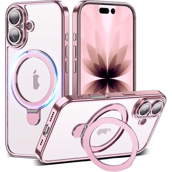 NEOYFC  with Clear iPhone 17 Case with Magnetic Stand [Compatible with Mag-Safe][Full Camera Len Protectors] Shockproof Plating Phone Case for iPhone 17 6.3,Rose Gold