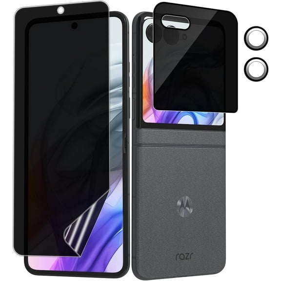 NEOYFC for Compatible With Motorola Razr 2024/2025 Privacy Screen Protector, 1 Pack Internal Anti-Spy Film + 1 Pack Outer Privacy Glass Screen Protector + 2 PCS Metal Camera Lens Protector