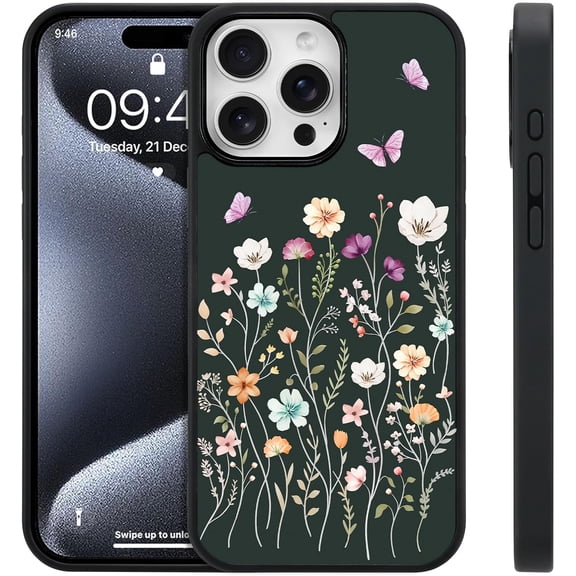 NEOYFC for Compatible with iPhone 15 Pro Max Case, Wildflowers Butterfly Aesthetic Cute Design[Compatible with Magsafe],Tire Texture Anti-Slip Shockproof Ultra Thin Protective Case 6.7inch