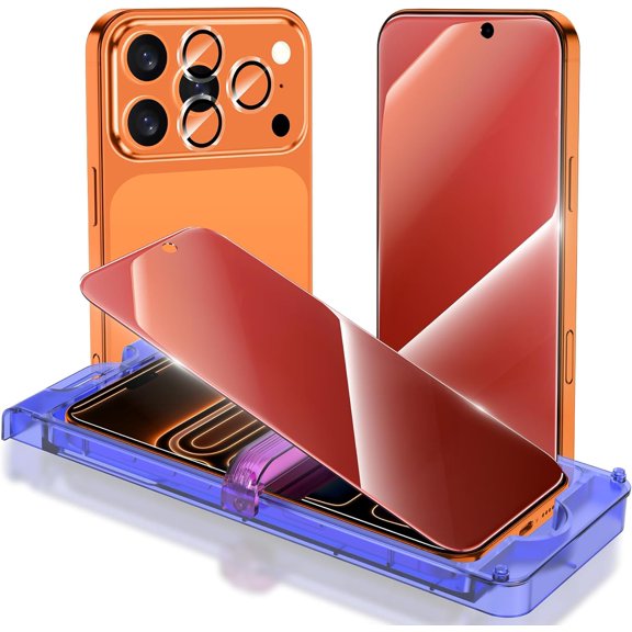 NEOYFC for [Fashion Badge Privacy Screen Protector for iPhone 17 Pro Max 6.9 Inch 2 Pack + 1 Set Camera Lens Protector, Anti Blue Light Anti Spy 17 Pro Max Glass Screen Protector, Gradient Purple