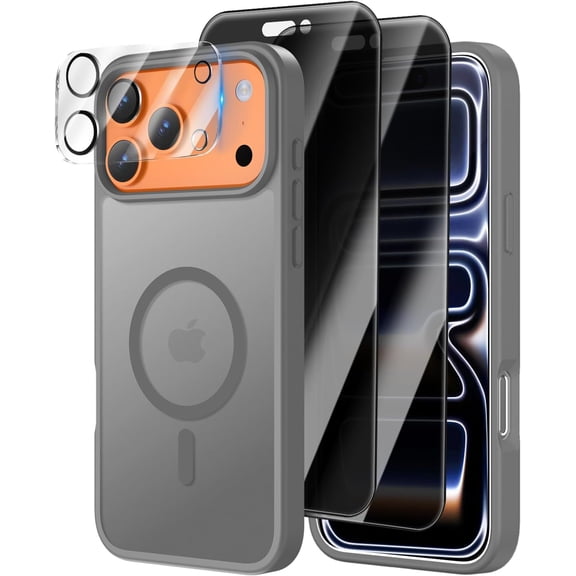 NEOYFC for Magnetic for iPhone 17 Pro Case, 2 Pics Privacy Screen Protectors and 1 Pic Camera Protector, Fit for MagSafe, Military Grade Shockproof Translucent Matte 17 Pro Cover 6.3" (Gray)