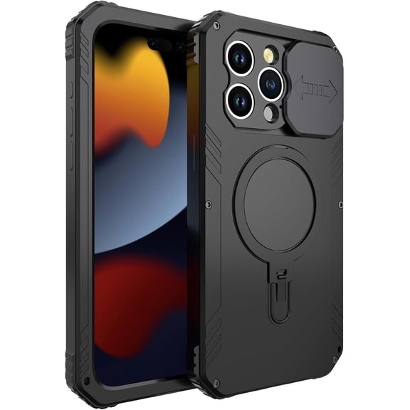 NEOYFC for Metal Case for iPhone 15/15 Pro/15 Plus/15 Pro Max, with Invisible Stand [Compatible with Magsafe] with Sliding Camera Cover & Screen Protector,Black,for
 iPhone15 Pro