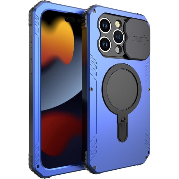NEOYFC for Metal Case for iPhone 15/15 Pro/15 Plus/15 Pro Max, with Invisible Stand [Compatible with Magsafe] with Sliding Camera Cover & Screen Protector,Blue,for iPhone15 Pro