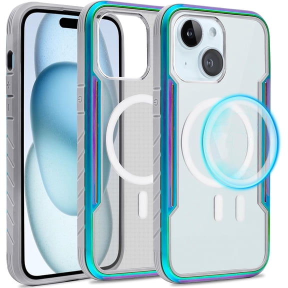 NEOYFC for Phone Case for iPhone 15 6.1inch, Compatible with MagSafe, Clear Back with Soft Edge, Military Drop Protective Shockproof, Color Changing Cover, Magnetic Case for iPhone 15