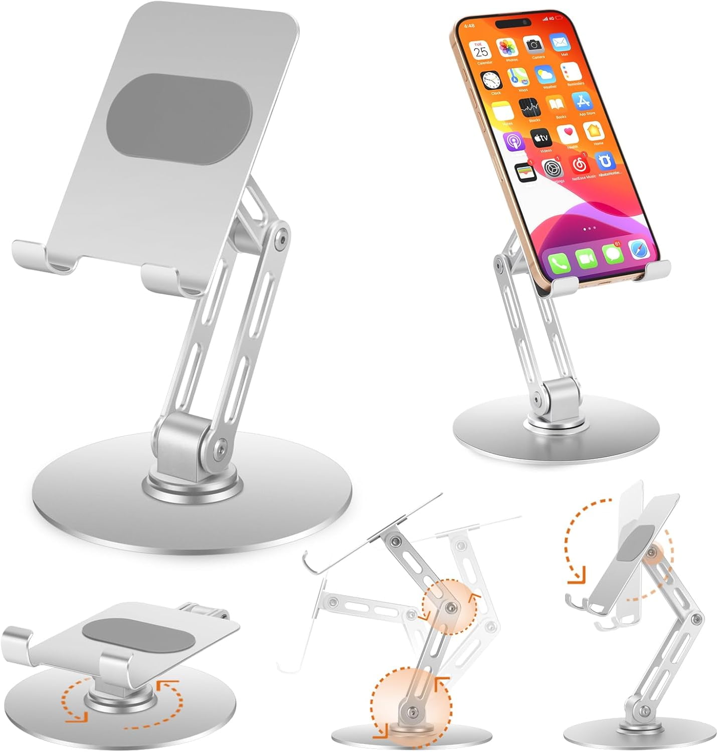 NEOYFC for  Phone Stand for Desk, No Wobble Heavy Base, Height Adjustable iPhone & iPad Stand, 360° Rotating Foldable Phone Holder for Desk Office Home (4–11”)