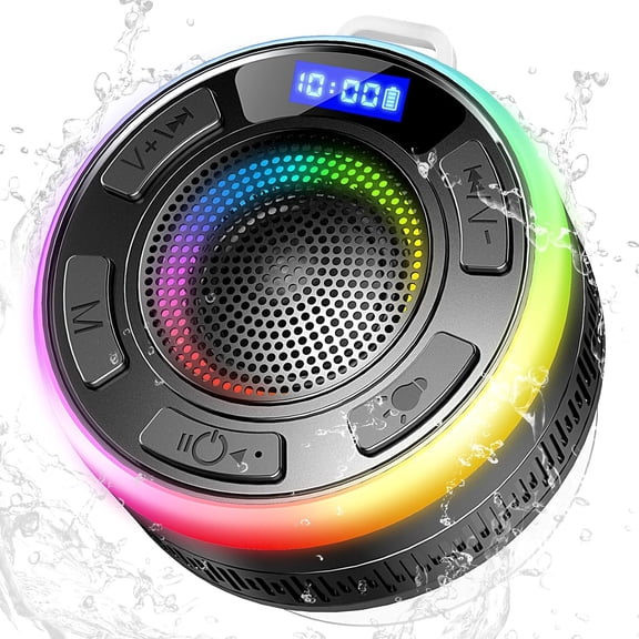 NEOYFC Shower Speaker, Portable Bluetooth Speakers IP7 Waterproof with Suction Cup and Time Display, Wireless Speaker with LED Lights,1100mAh, Stereo Pairing, Bathroom Beach for Kayak/Outdoor