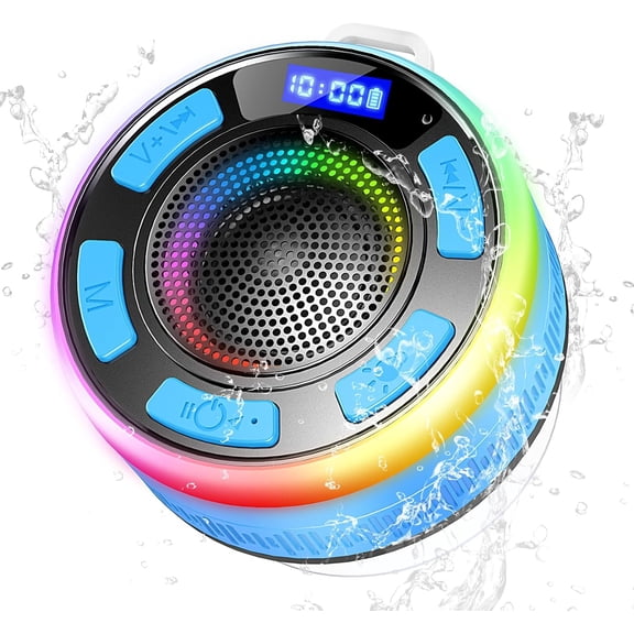 NEOYFC Shower Speaker, Portable Bluetooth Speakers IP7 Waterproof with Suction Cup and Time Display, Wireless Speaker with LED Lights,1100mAh, Stereo Pairing,for Kayak/Outdoor/Gifts for unisex Blue