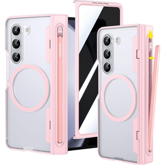 NEOYFC for  Z Fold 5 Case, with [S Pen Holder][Hinge Protection][Front Privacy Screen Protector], Compatible with MagSafe, Magnetic Translucent Protective Slim Case for Samsung Galaxy Z Fold 5 - Pink