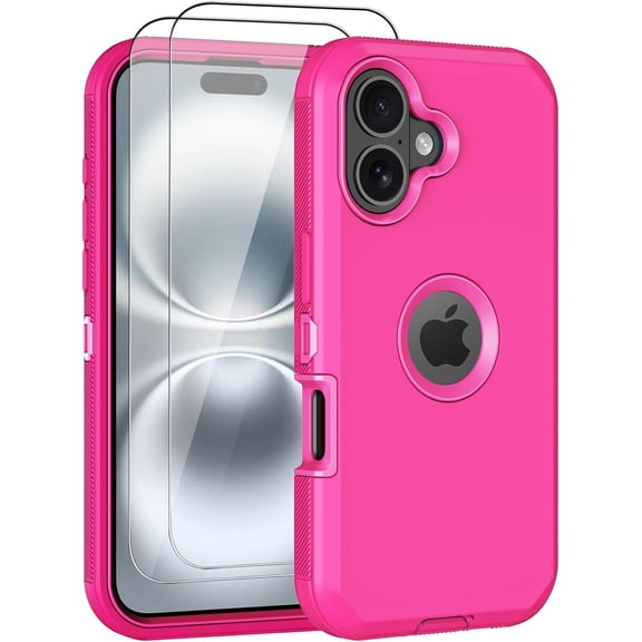 NEOYFC for iPhone 16 Plus Case, with 2 Screen Protector Heavy Duty Drop Protection, Full Body 3 Layer Rugged Shockproof Dust-Proof Protective Phone Cover for iPhone 16 Plus (Neon Pink)