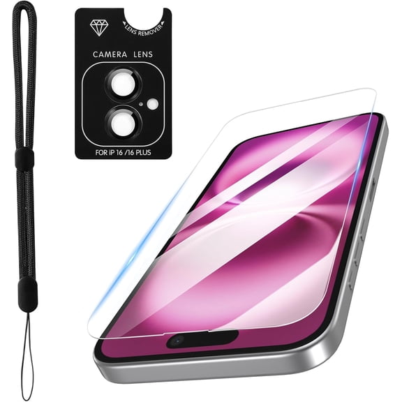 NEOYFC  for iPhone 16 Screen Protector & Individual Camera Lens Protectors & Phone Lanyard, 9H, Premium HD, Drop Protective Dust-Proof Protection [6.1 inch]