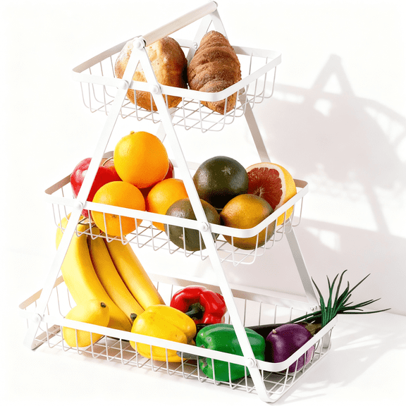 NEPIVEL Fruit Basket with Wooden Handles, 3 Tier Bread Vegetable Fruit Basket, Metal Multifunctional Kitchen Counter and Dining Organizer for Fruit, Vegetable, Pasta, Bread, Bathroom Storage, White