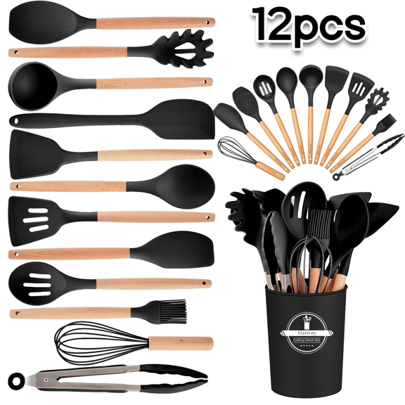 NEPIVEL Silicone Cooking Utensils Set, 12Pcs  446°F Heat Resistant Kitchen Utensils, Silicone Kitchen Utensils for Cooking Wooden Handles, Kitchen Gadgets for Nonstick Cookware BPA Free, Black