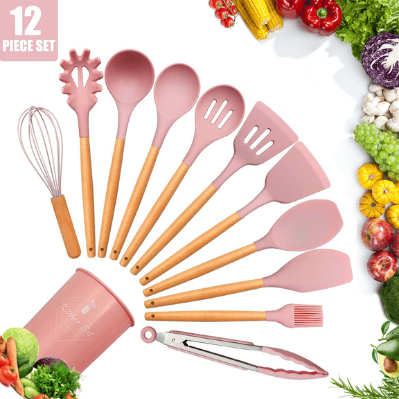 NEPIVEL Silicone Cooking Utensils Set, 12Pcs  446°F Heat Resistant Kitchen Utensils, Silicone Kitchen Utensils for Cooking Wooden Handles, Kitchen Gadgets for Nonstick Cookware BPA Free, Pink
