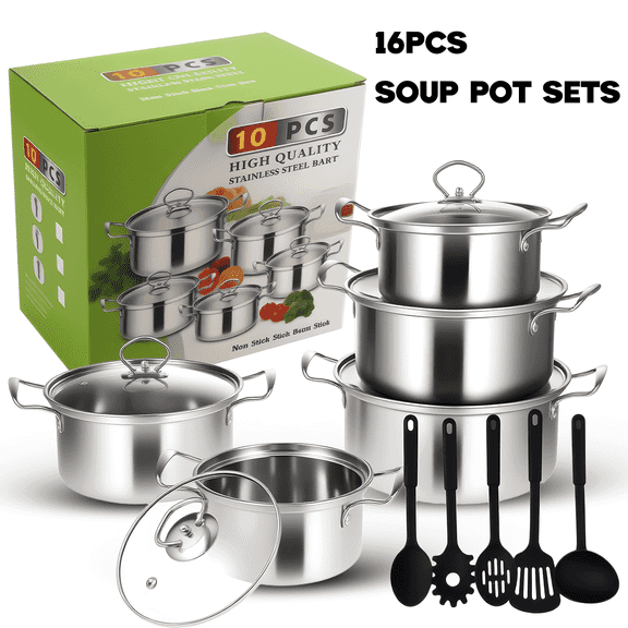 NEPIVEL Stainless Steel Home Cookware Set 16pc, Dual Handles Stainless Steel Cooking Pots Including 5 Pots With 5 Lids and 6 utensils For Cooking Dishwasher , Silver