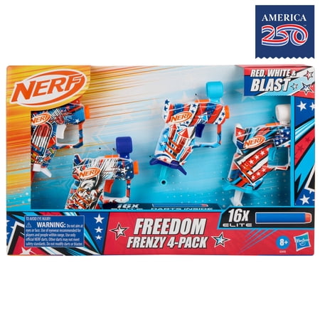 Nerf Elite Freedom Frenzy Red, White & Blue Blaster 4-Pack, 16 Nerf Elite Foam Darts, Outdoor Summer Toys, Backyard & Beach Fun, 8+