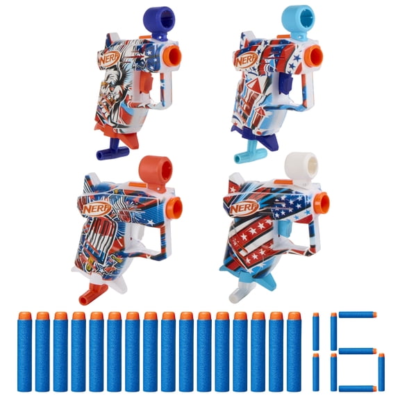 Nerf Elite Freedom Frenzy Red, White & Blue Blaster 4-Pack, 16 Nerf Elite Foam Darts, 8+