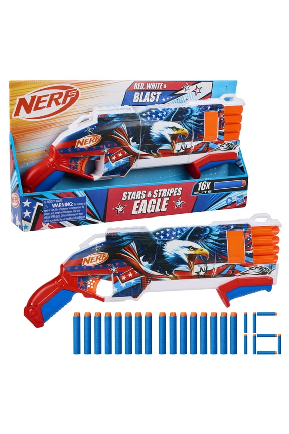 Elite Stars & Stripes Eagle Red, White & Blue Blaster, 16 Nerf Elite Foam Darts, Outdoor Summer Toys, Backyard & Beach Fun, 8+
