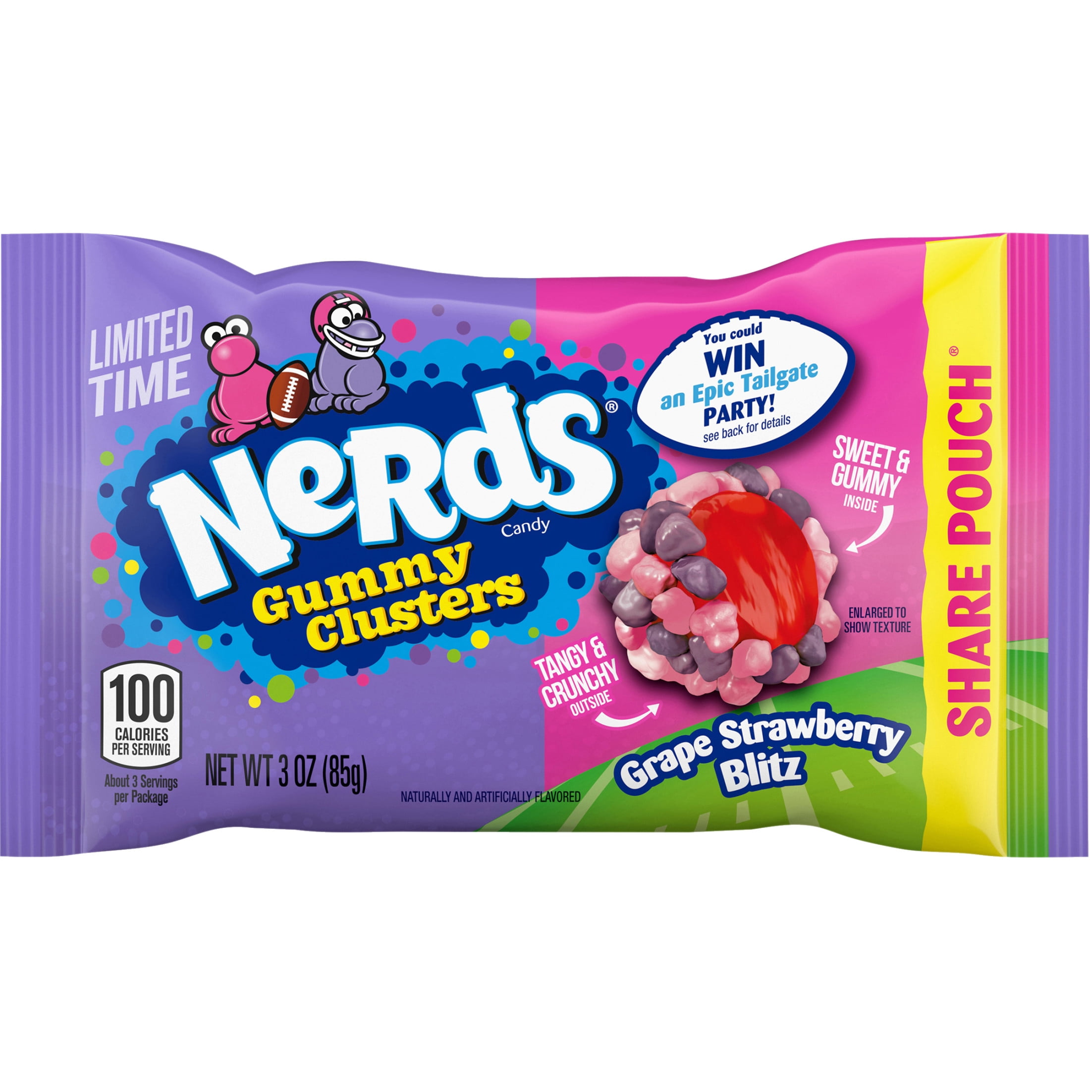 NERDS Gummy Clusters Candy, Grape Strawberry Blitz Limited Time Flavor, Crunchy and Gummy, Game Day Candy, Football Party Supplies, 3 oz
