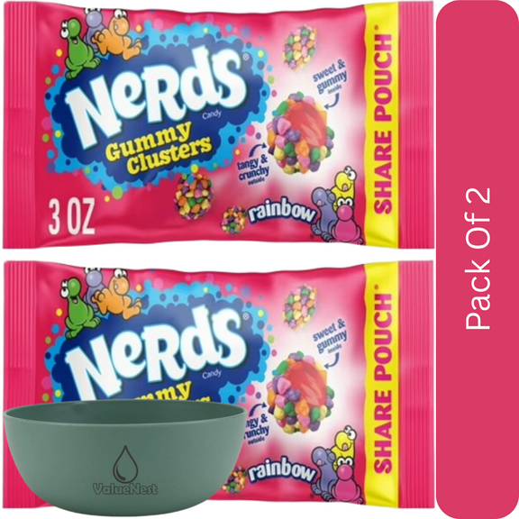 NERDS Gummy Clusters Candy, Rainbow, Crunchy & Gummy, 3 oz Bag-2pk, With Olive Green Bowl By ValueNest