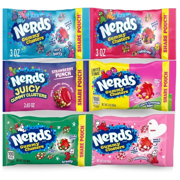 NERDS Gummy Clusters Six Share Pouch Bundle Assorted Flavors Variety Pack (6) Share Size Candy Bags