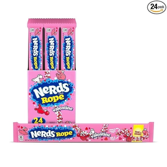 NERDS Rope Valentine Candy, Sweet and Sour Candy, Individually Wrapped, Valentine's Day Pink, White, and Red Rope Colorful Candy, 0.92oz, Pack of 24