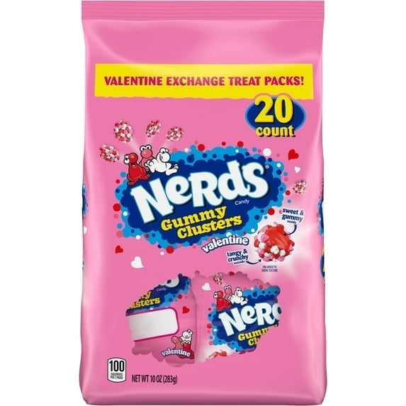 NERDS Valentine's Gummy Clusters, Classroom Exchange Pouches, 10