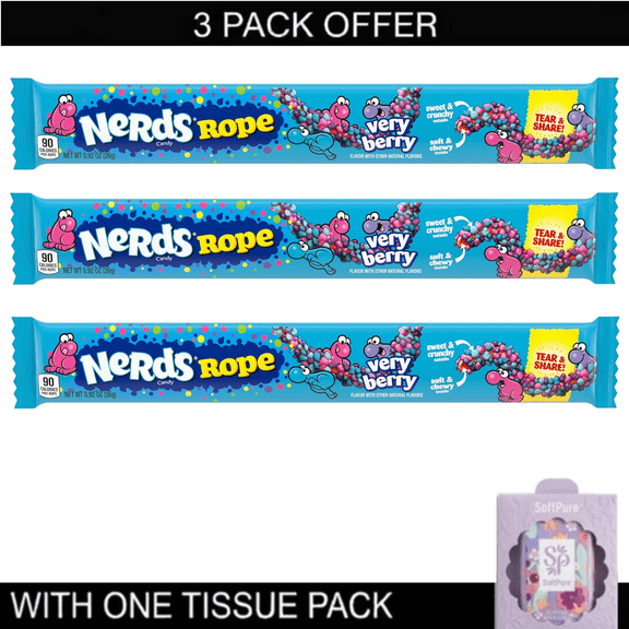 NERDS Very Berry Candy Ropes 3-Pack Bundle (0.92 oz Each, 3 Ropes Total) with tissue pack