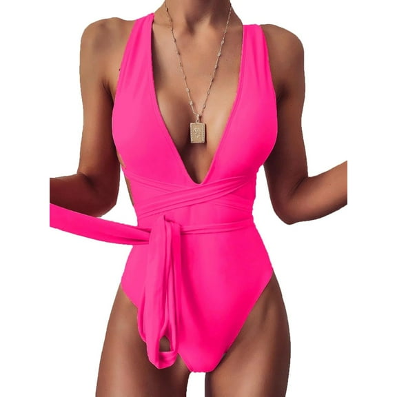 NEREID Sexy Tie Criss Cross Plunge One Piece Thong Swimsuit High Cut Brazilian Bathing Suit