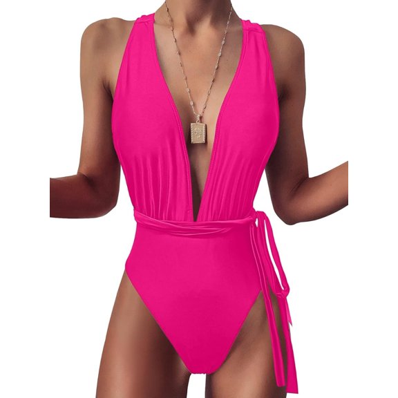 NEREID Sexy Tie Criss Cross Plunge One Piece Thong Swimsuit High Cut Brazilian Bathing Suit