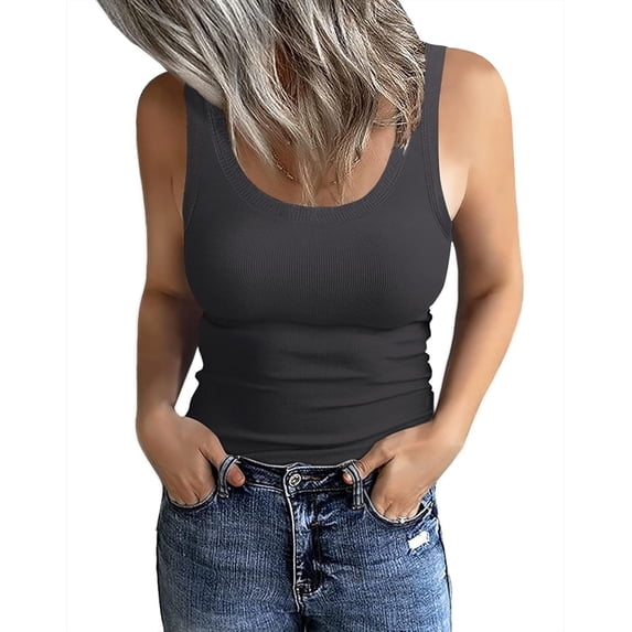 NEREID Women's Sleeveless Scoop Neck Ribbed Tank Tops Fitted Basic Cami Tee Shirts