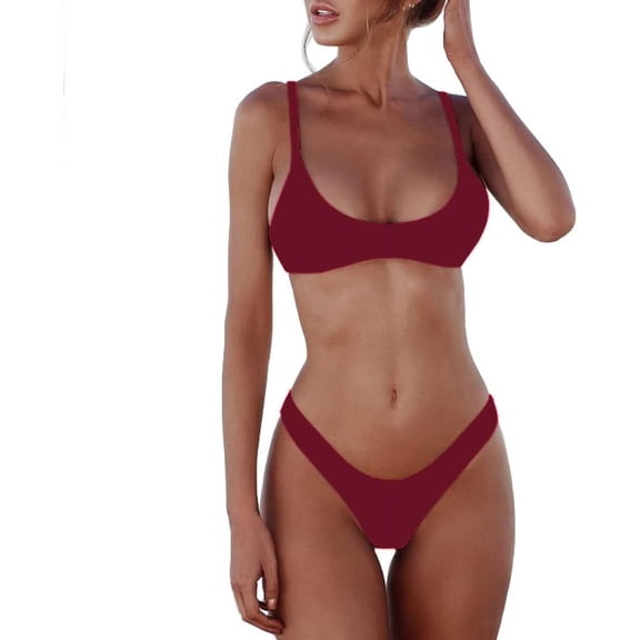 NEREID Women's Solid Scoop Neck Push Up Padded Brazilian Thong Bikini Swimsuit Bathing Suit